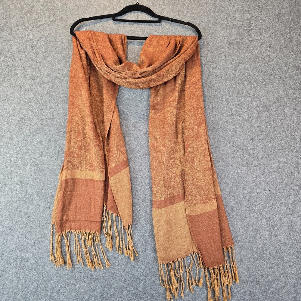 Pashmina Wrap Shawl Women's Orange Brown Paisley Jacquard Fringe Trim Winter